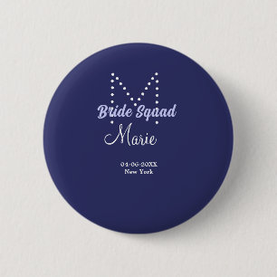 Bride squad add name monogram bridesmaid purple wh 6 cm round badge