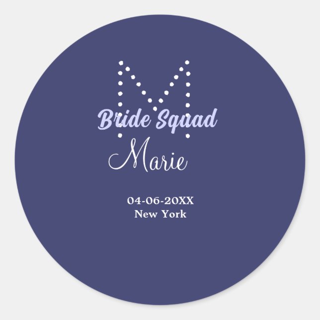 Bride squad add name monogram bridesmaid purple wh classic round sticker (Front)