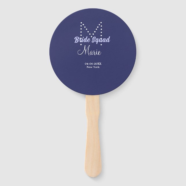 Bride squad add name monogram bridesmaid purple wh hand fan (Front)