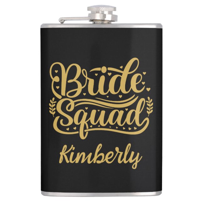 Bride Squad Black and Gold Word Art Personalised  Hip Flask (Front)