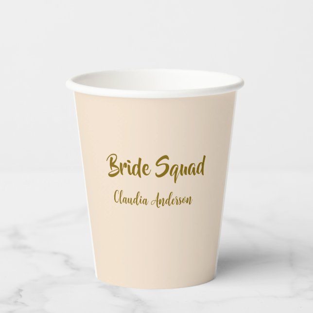 Bride squad bridesmaid name golden orange wedding  paper cups (Front)