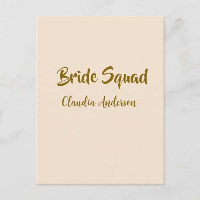 Bride squad bridesmaid name golden orange wedding  postcard (Front)