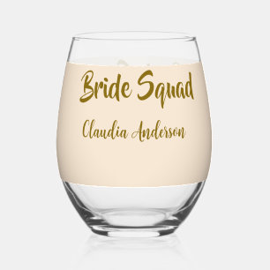 Bride squad bridesmaid name golden orange wedding  stemless wine glass
