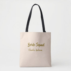 Bride squad bridesmaid name golden orange wedding tote bag
