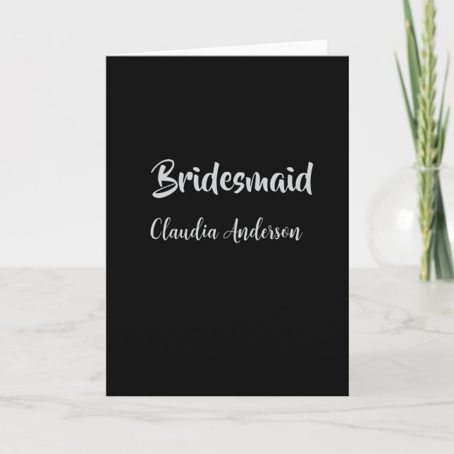 Bride squad bridesmaid name silver black wedding  card (Front)