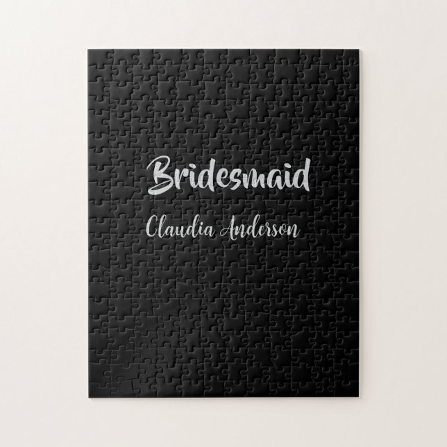 Bride squad bridesmaid name silver black wedding  jigsaw puzzle (Vertical)