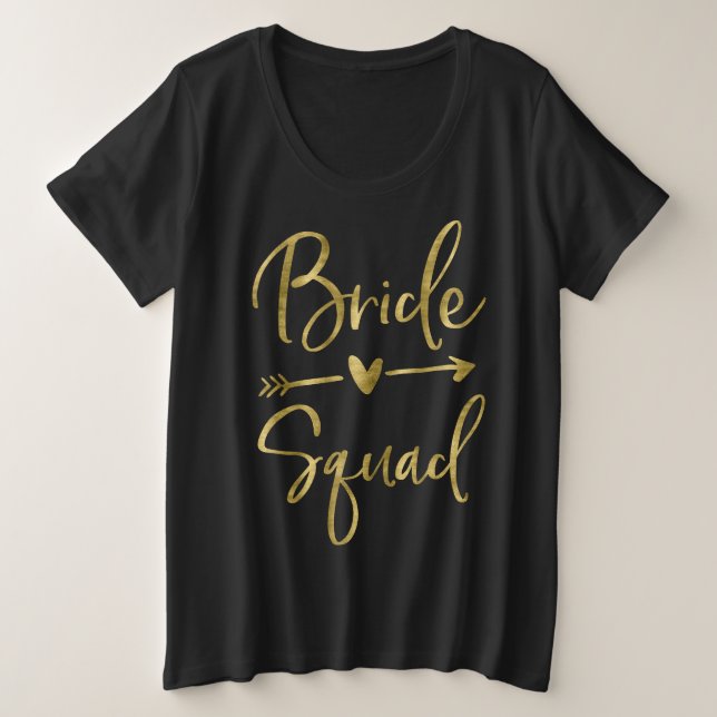 Bride Squad Faux Gold Plus-Size Script Arrow Plus Size T-Shirt (Design Front)