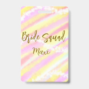 Bride squad golden pastel pink colourful glitter b ID badge