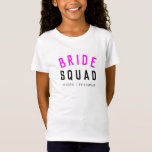 Bride Squad | Hot Pink Bachelorette Bridesmaid T-Shirt<br><div class="desc">Cute, simple, stylish "Bride Squad" quote art girls tshirt with modern, minimalist typography in black and hot neon pink in a cool trendy style. The slogan, name and role can easily be personalised with the names of your bridal party, for example, bride, bridesmaids, flower girls, Mother of the Bride, Glam...</div>