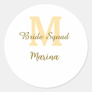 Bride squad monogram golden bridal shower simple  classic round sticker