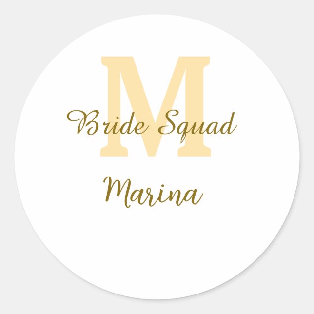 Bride squad monogram golden bridal shower simple  classic round sticker (Front)
