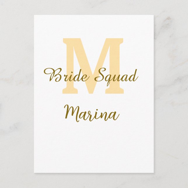 Bride squad monogram golden bridal shower simple  postcard (Front)