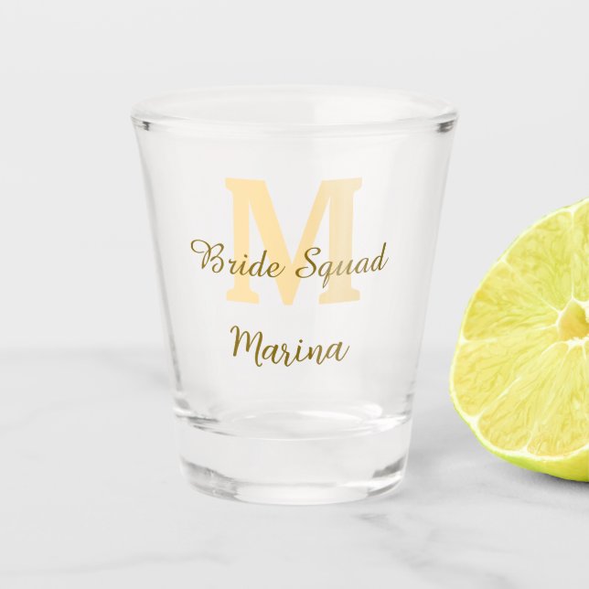 Bride squad monogram golden bridal shower simple  shot glass (Front)