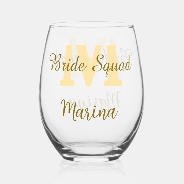 Bride squad monogram golden bridal shower simple  stemless wine glass (Front)