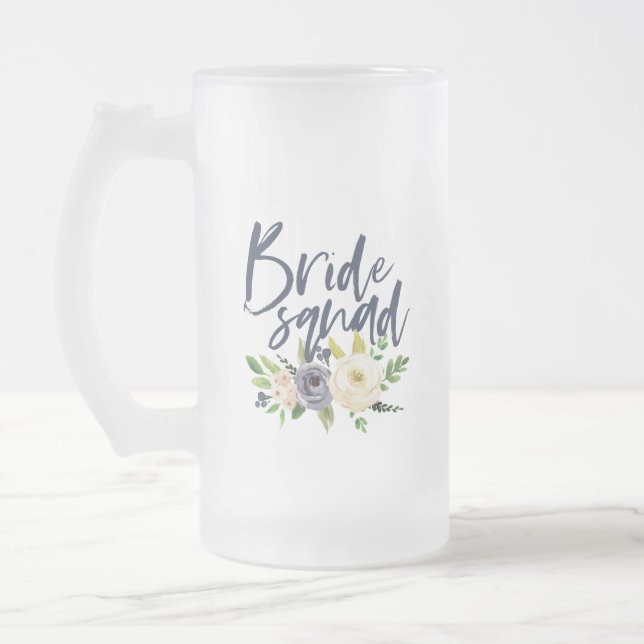bride squad navy floral bachelorette bridal shower frosted glass beer mug (Left)