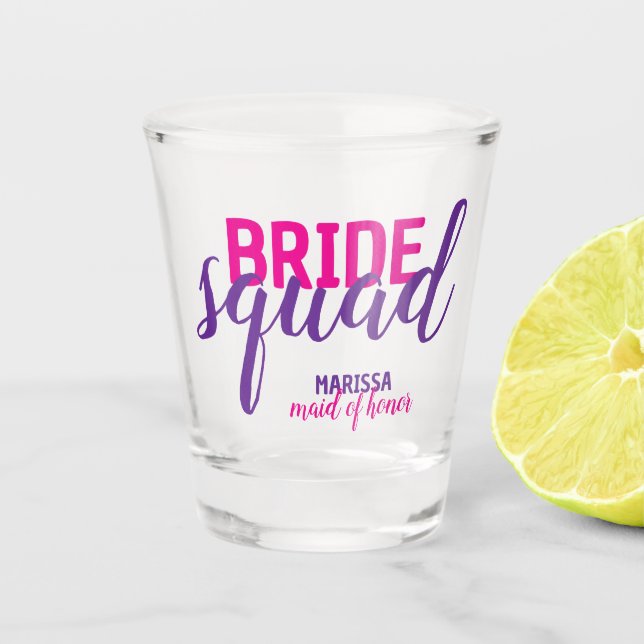 BRIDE Squad novelty pink script bachelorette party Shot Glass (Front)