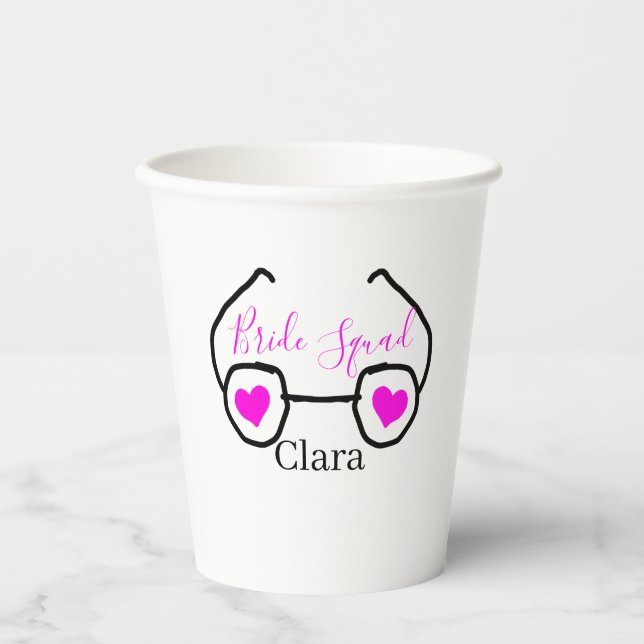 Bride squad pink black googles heart bridesmaid  paper cups (Front)