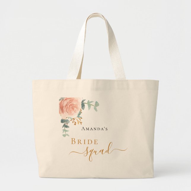 Bride squad rose gold floral eucalyptus greenery large tote bag (Front)