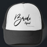 Bride Squad, Tribe, Team Typography Trucker Hat<br><div class="desc">Celebrate your engagement with your bride tribe, bride squad, bride team at your bridal shower or whenever. Makes a great fun gift to celebrate as a team and cute for pictures. Wear to your outings together. Black and white trucker hat. This hat is also available in champagne, pink and white,...</div>