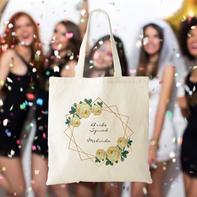 Bride Squad Yellow Floral Elegant Gold Glitter Geo Tote Bag (Bride Squad Yellow Floral Elegant Gold Glitter Geo Tote Bag)
