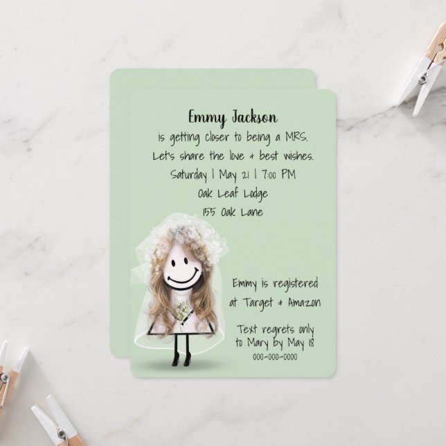 Bride Stick Figure Girl on Green Invitation (Front/Back In Situ)
