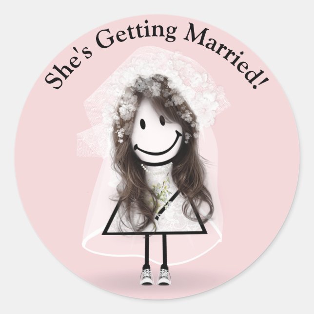 Bride Stick Girl In Sneakers On Pink    Classic Round Sticker (Front)