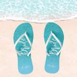 Bride teal blue glitter aqua sea green monogram jandals<br><div class="desc">A teal,  blue sea,  ocean green glitter gradient background. Personalise and add a name and monogram letters. A modern hand lettered style script,  white and blue letters</div>
