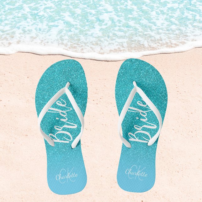 Bride teal blue glitter aqua sea green monogram jandals (Creator Uploaded)