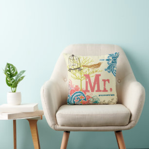Bride Teal Damask Love Bird  Birdcage Mr. Forever Cushion