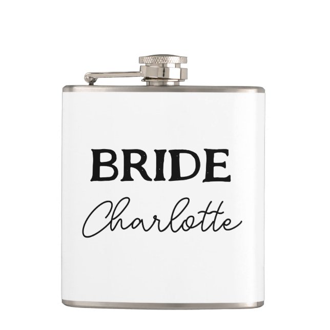 Bride To Be | Black And White Name Hip Flask (Front)