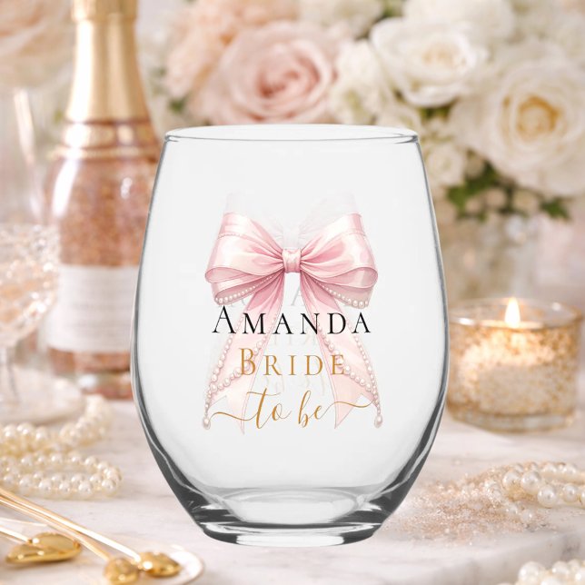 Bride to be blush pink bow pearls Bachelorette Stemless Wine Glass (Creator Uploaded)