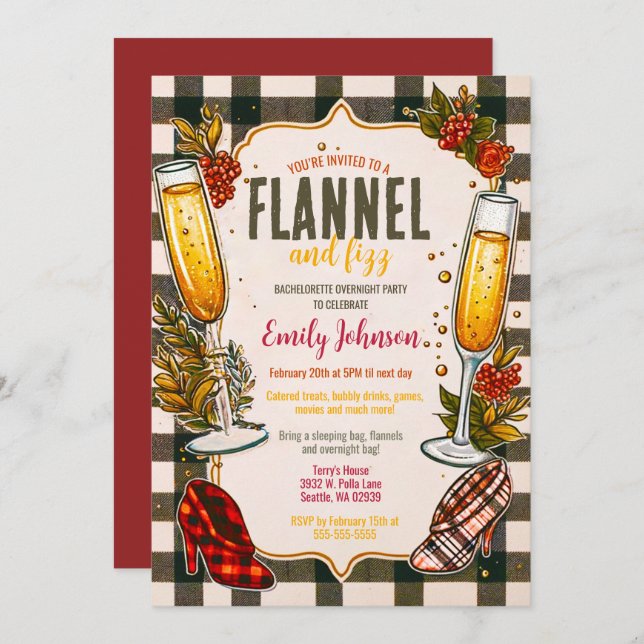 Bride-to-be Flannel and Fizz Bachelorette Party Invitation (Front/Back)