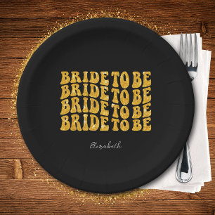 Bride to Be Gold Glitter Text with Name, Black Paper Plate
