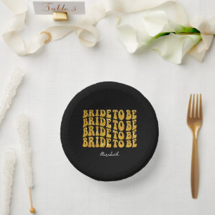 Bride to Be Gold Glitter Text with Name, Black Paper Plate