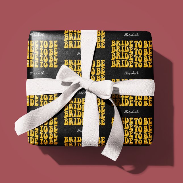 Bride to Be Gold Glitter Text with Name, Black Wrapping Paper (Creator Uploaded)