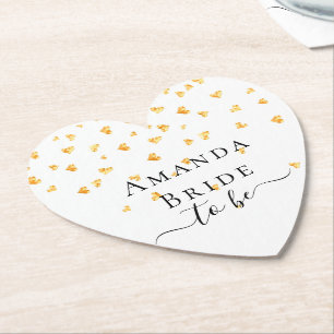 Bride to be gold hearts sprinkle name paper coaster