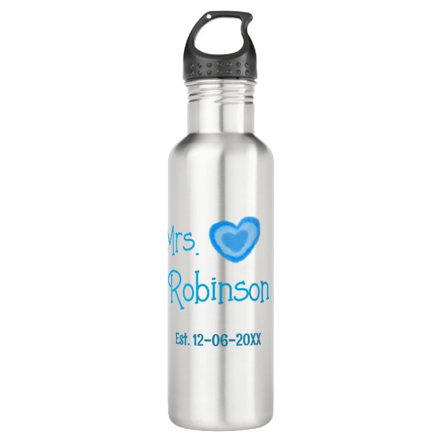 Bride to be Mrs add name date blue heart watercolo 710 Ml Water Bottle (Front)