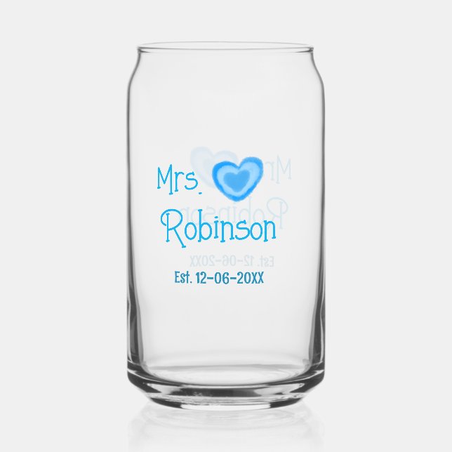 Bride to be Mrs add name date blue heart watercolo Can Glass (Front)