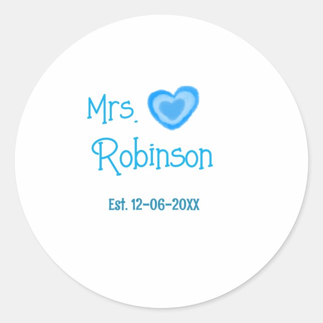 Bride to be Mrs add name date blue heart watercolo Classic Round Sticker (Front)