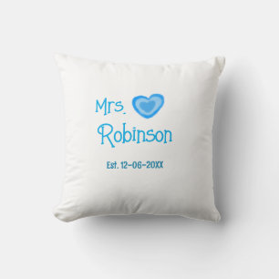 Bride to be Mrs add name date blue heart watercolo Cushion