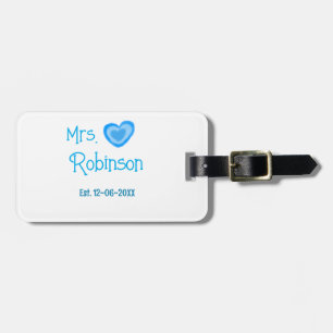 Bride to be Mrs add name date blue heart watercolo Luggage Tag