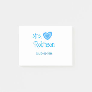 Bride to be Mrs add name date blue heart watercolo Post-it Notes