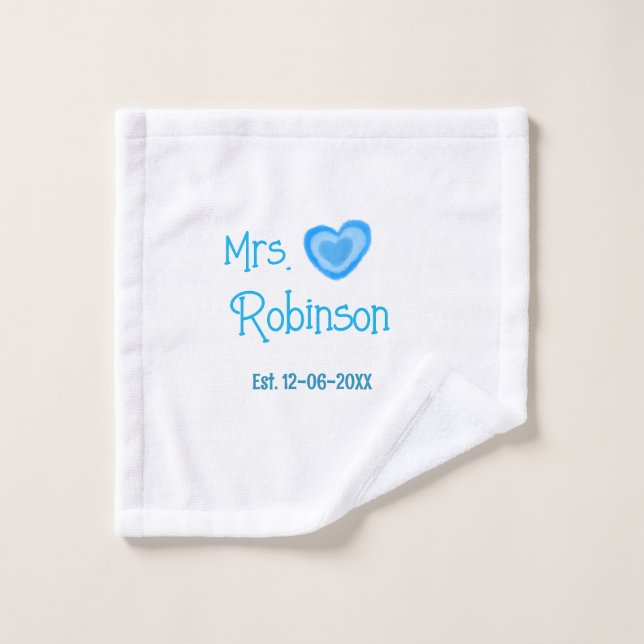 Bride to be Mrs add name date blue heart watercolo Wash Cloth (Wash Cloth)