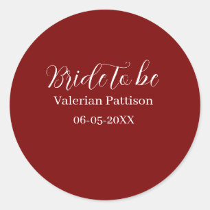 Bride to be name date mauve white bridal shower we classic round sticker