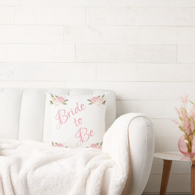 Bride to Be Pink Floral Script Watercolor Wedding Cushion (Couch)