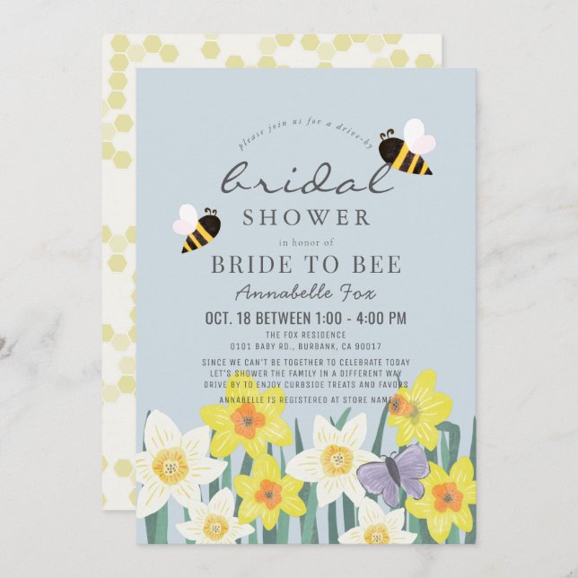 Bride to Bee Daffodil Blue Drive-by Bridal Shower Invitation (Front/Back)