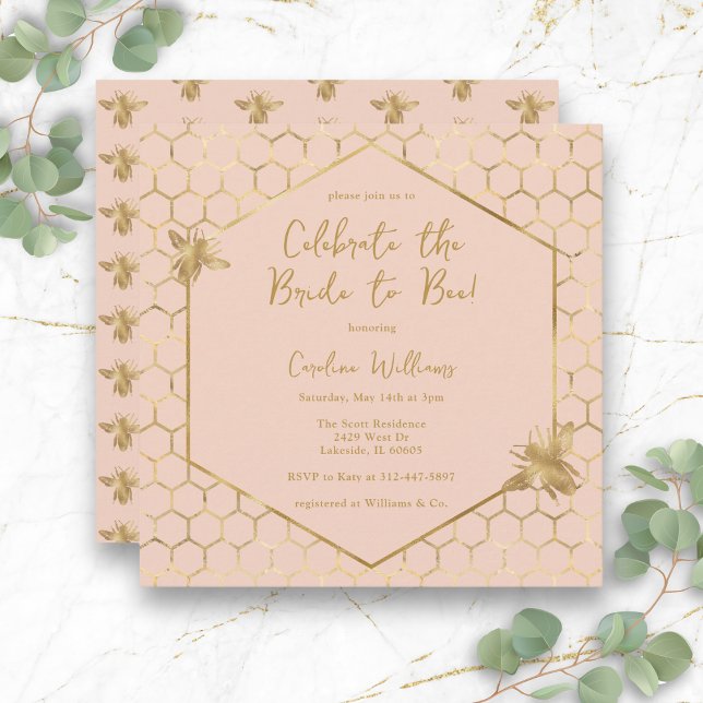 Bride to Bee Elegant Blush Pink Gold Bridal Shower Invitation (Creator Uploaded)