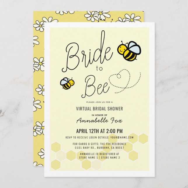 Bride to Bee Light Yellow VIrtual Bridal Shower Invitation (Front/Back)