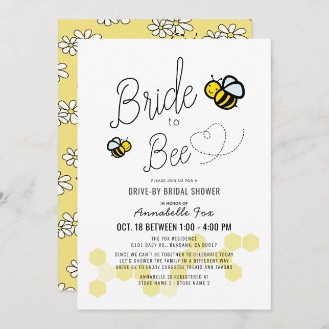 Bride to Bee White Drive-by Bridal Shower Invitation (Front/Back)