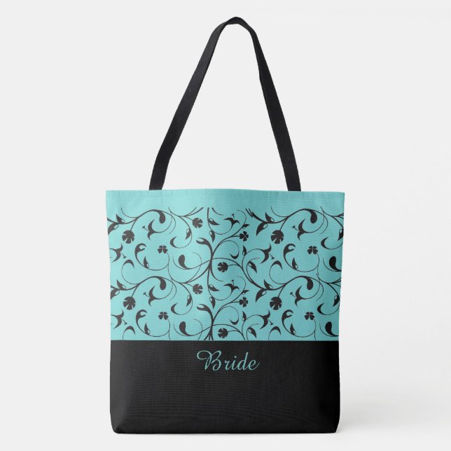 Bride Tote Bag Aqua & Black Scrolls (Front)